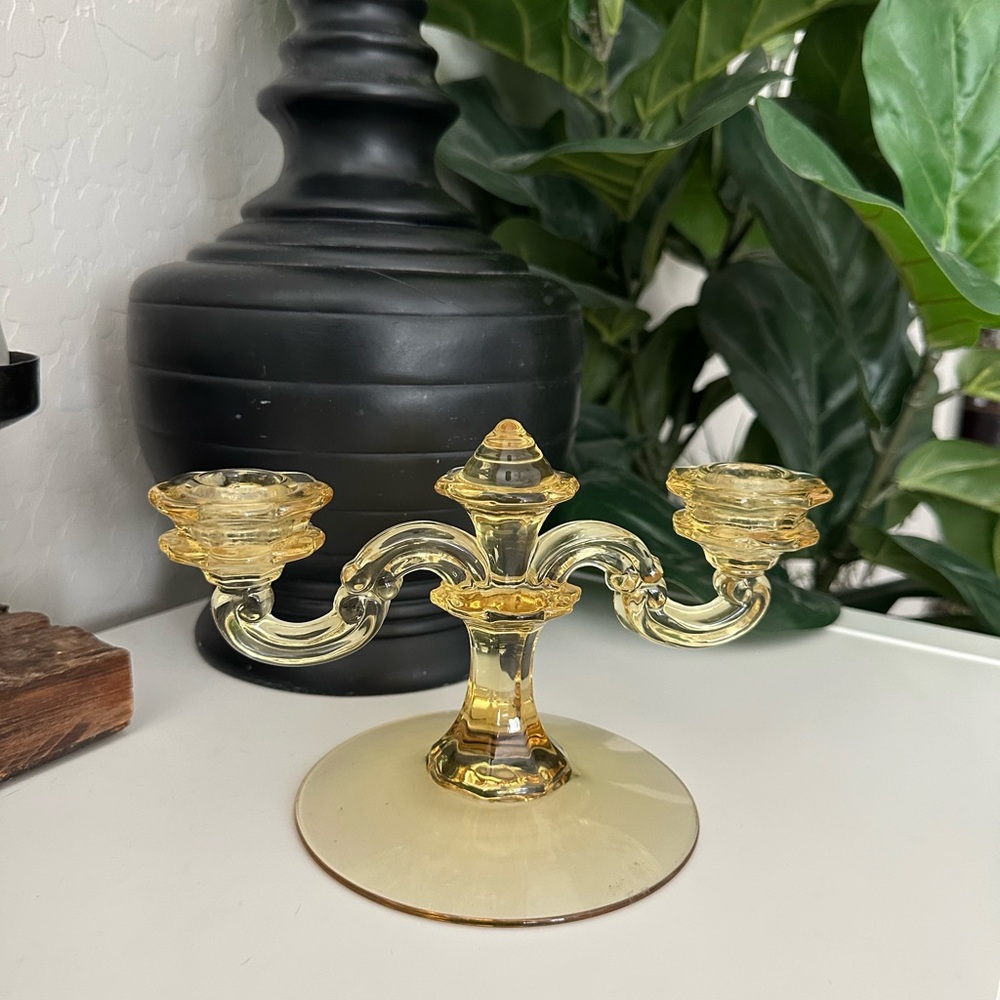 Fostoria Topaz Yellow Double Candle Holder Glass Candelabra